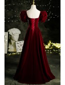 Retro Dark Red Square Neck Velvet Formal Dress with Bubble Sleeves
