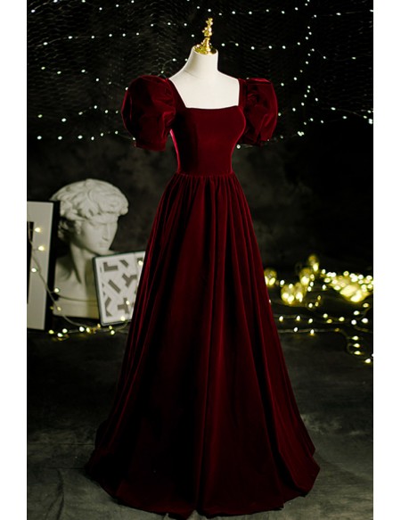 Retro Dark Red Square Neck Velvet Formal Dress with Bubble Sleeves # ...