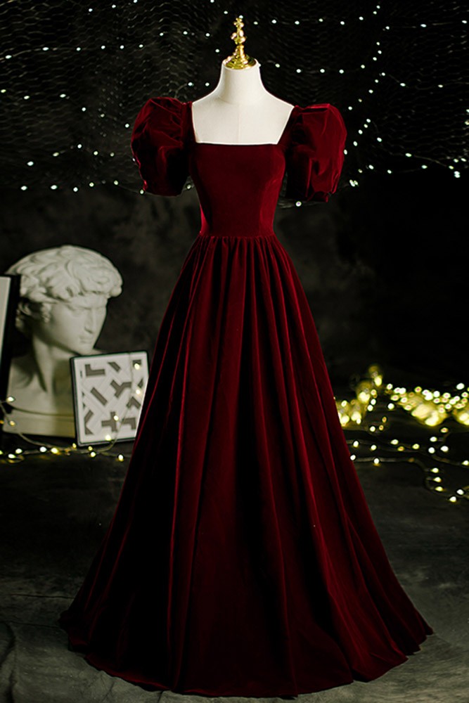 Retro Dark Red Square Neck Velvet Formal Dress with Bubble Sleeves # ...