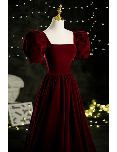 Retro Dark Red Square Neck Velvet Formal Dress with Bubble Sleeves