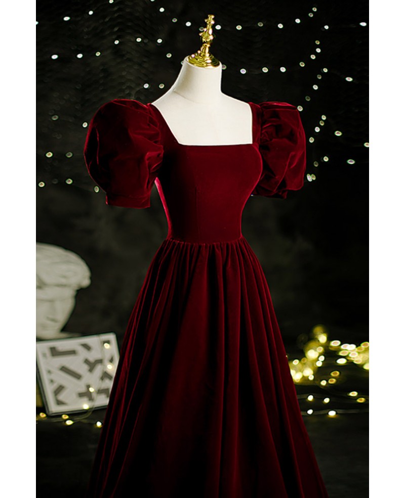 Retro Dark Red Square Neck Velvet Formal Dress with Bubble Sleeves # ...
