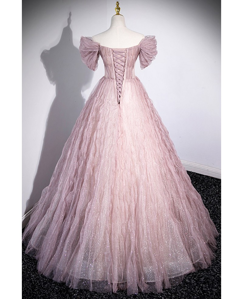 Bling Ruffled Tulle Long Ballgown Pink Prom Dress with Flowers #L78008 ...