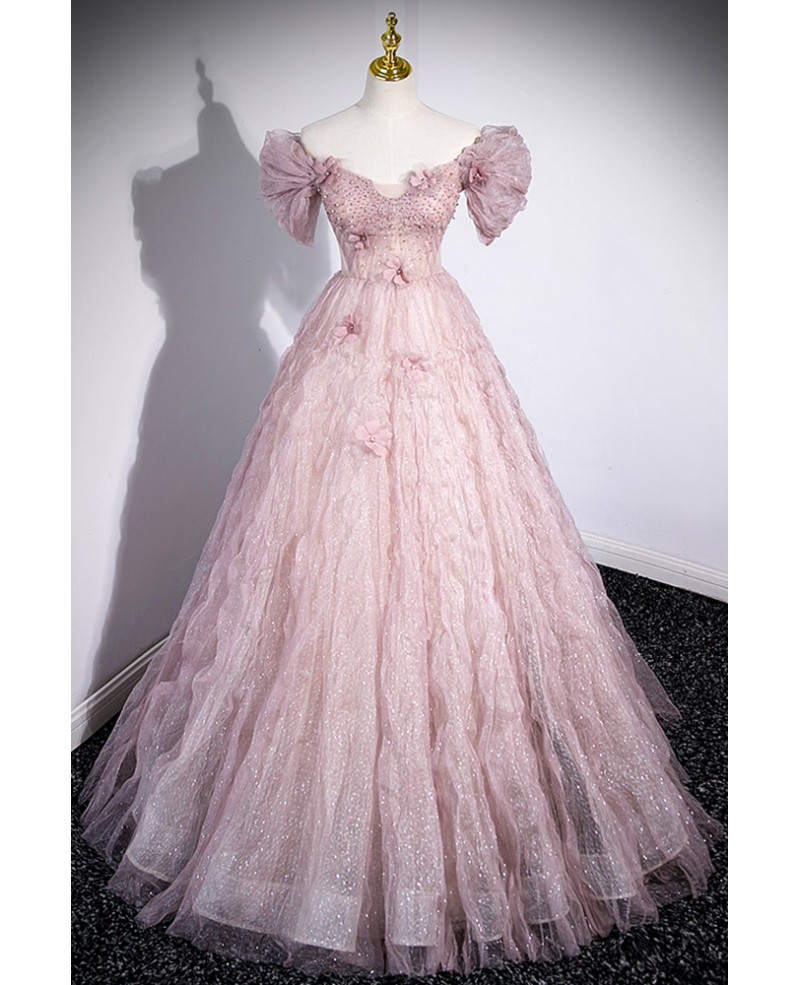 Bling Ruffled Tulle Long Ballgown Pink Prom Dress with Flowers #L78008 ...