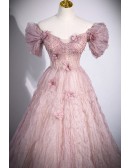 Bling Ruffled Tulle Long Ballgown Pink Prom Dress with Flowers