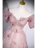 Bling Ruffled Tulle Long Ballgown Pink Prom Dress with Flowers