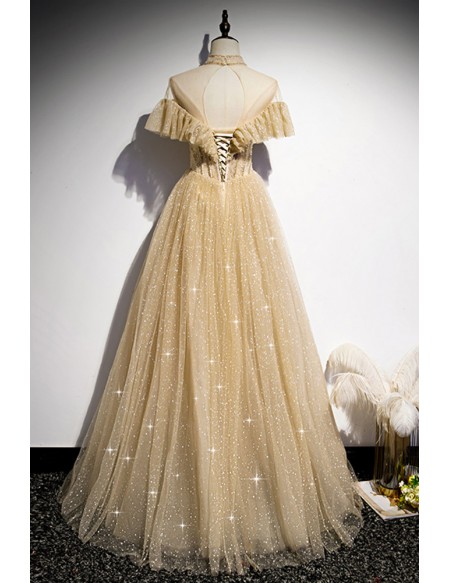 Fantasy Sparkly Gold Ballgown Prom Dress with Beaded High Neck