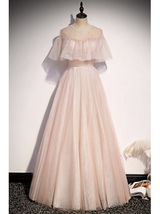 Modest Light Pink Long Prom Dress with Beaded Neckline