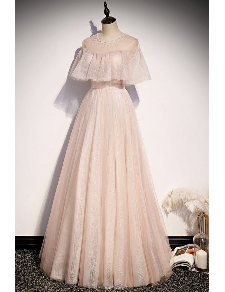 Modest Light Pink Long Prom Dress with Beaded Neckline
