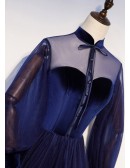 Elegant Navy Blue Long Sleeved Prom Dress with Collar