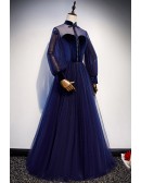 Elegant Navy Blue Long Sleeved Prom Dress with Collar