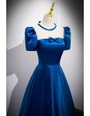 Royal Blue Aline Long Cute Prom Dress with Illusion Square Neckline