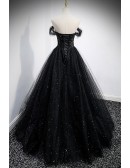 Unique Off Shoulder Black Tulle Mesh Prom Dress with Bling