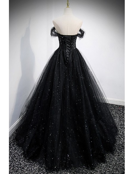 Unique Off Shoulder Black Tulle Mesh Prom Dress with Bling