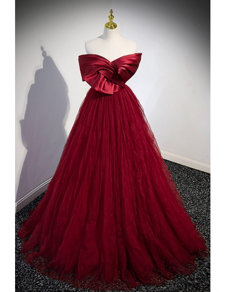 Burgundy Pleated Satin And Tulle Evening Dress For Formal