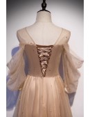 Elegant Cold Shoulder Champagne Aline Prom Dress with Beadings