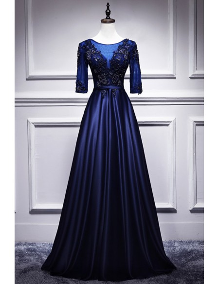 Blue Illusion Vneck Satin Prom Dress with Beaded Half Sleeves
