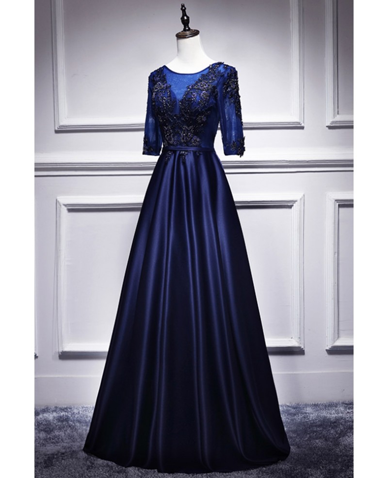 Blue Illusion Vneck Satin Prom Dress with Beaded Half Sleeves #L78318 ...