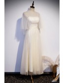 Pretty Champagne Tulle Tea Length Party Dress with Beadings