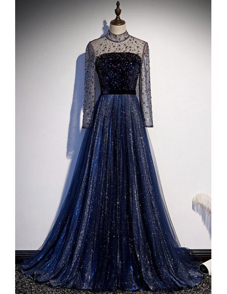 Navy Blue Sparkly Long Prom Dress with Colorful Blings