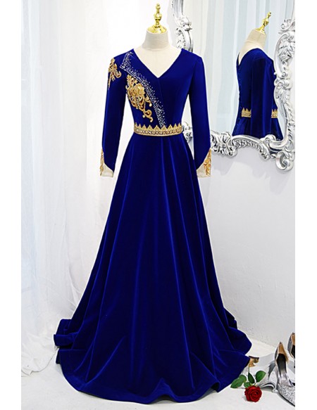Vneck Royal Blue Velvet Evening Dress Long Sleeved