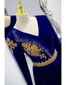 Vneck Royal Blue Velvet Evening Dress Long Sleeved