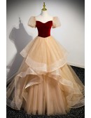 Unique Bling Gold Ruffled Tulle Ballgown Prom Dress with Short Sleeves