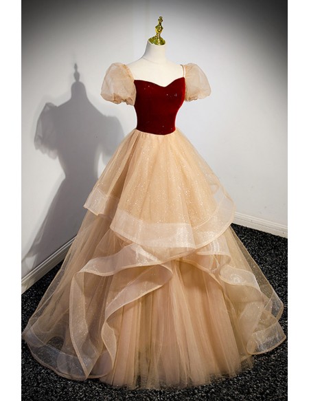 Unique Bling Gold Ruffled Tulle Ballgown Prom Dress with Short Sleeves