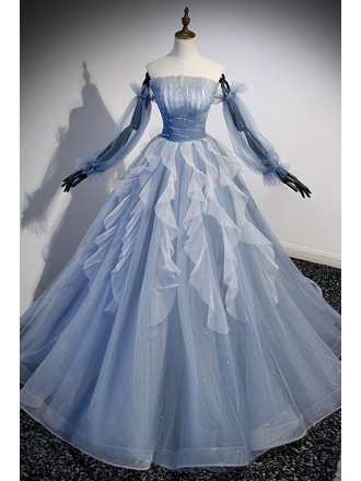 Fantasy Ruffled Blue Tulle Ballgown Prom Dress with Off Shoulder Long Sleeves