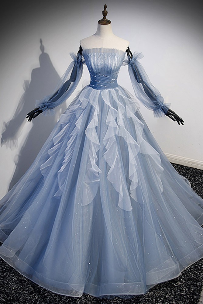 Fantasy Ruffled Blue Tulle Ballgown Prom Dress with Off Shoulder Long ...