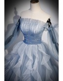 Fantasy Ruffled Blue Tulle Ballgown Prom Dress with Off Shoulder Long Sleeves