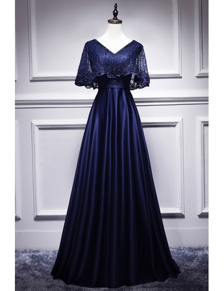 Elegant Beaded Cape Style Navy Blue Prom Dress For Formal