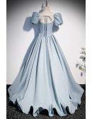 Ruffled Blue Satin Long Prom Dress with Beadings