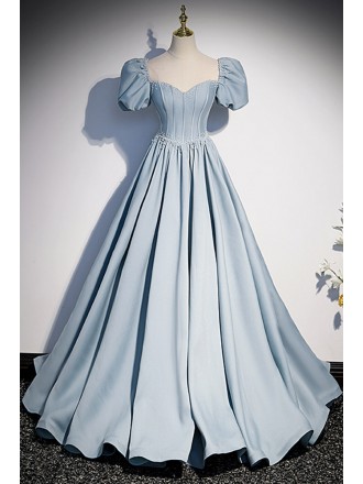 Ruffled Blue Satin Long Prom Dress with Beadings
