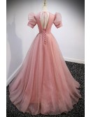 Princess Pink Ballgown Prom Dress Vneck with Gold Blings
