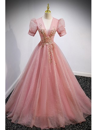 Princess Pink Ballgown Prom Dress Vneck with Gold Blings