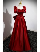 Formal Burgundy Satin Aline Long Evening Dress Square Neck with Big Bow In Back
