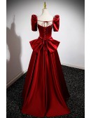 Formal Burgundy Satin Aline Long Evening Dress Square Neck with Big Bow In Back