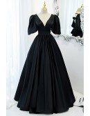 Formal Long Black Vneck Ballgown Prom Dress with Open Back