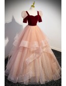 Unique Velvet And Ruffled Bling Tulle Prom Dress with Short Sleeves