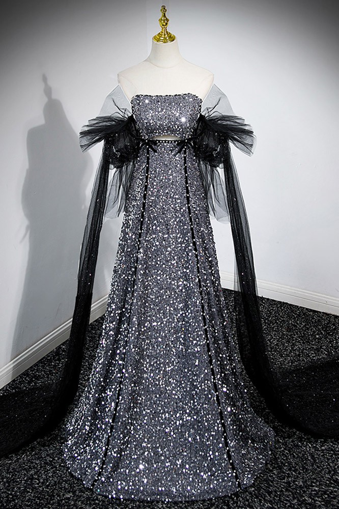 2969 Grey Draped Shimmer Evening Dress