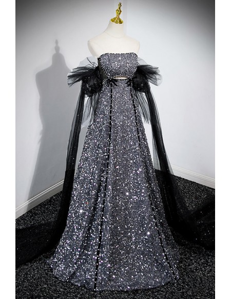 Sparkly Grey Bling Evening Prom Dress with Removable Sleeves