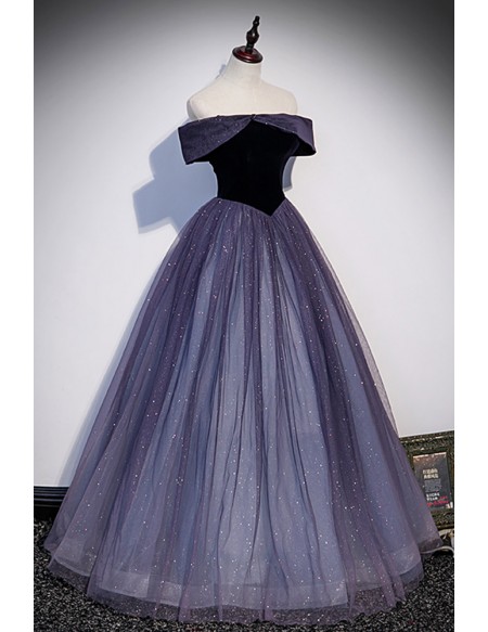 Mistery Purple Bling Tulle Ballgown Prom Dress Off Shoulder