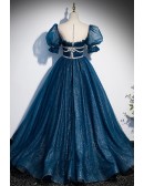 Fantasy Blue Sparkly Bling Prom Dress with Bubble Sleeves