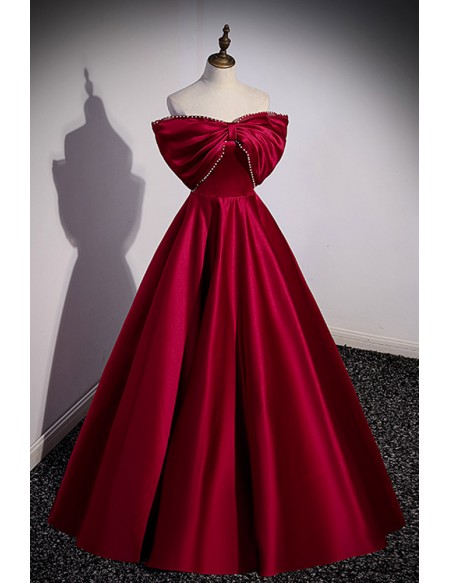 Elegant Satin Burgundy Prom Dress with Big Bow In Front