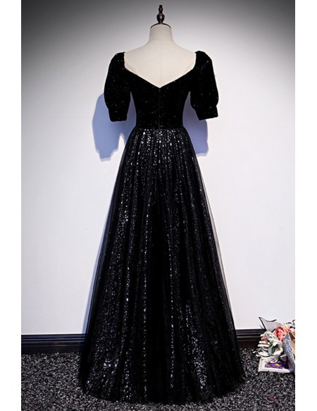 Sparkly Long Black Formal Dress with Bubble Sleeves