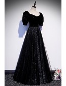 Sparkly Long Black Formal Dress with Bubble Sleeves