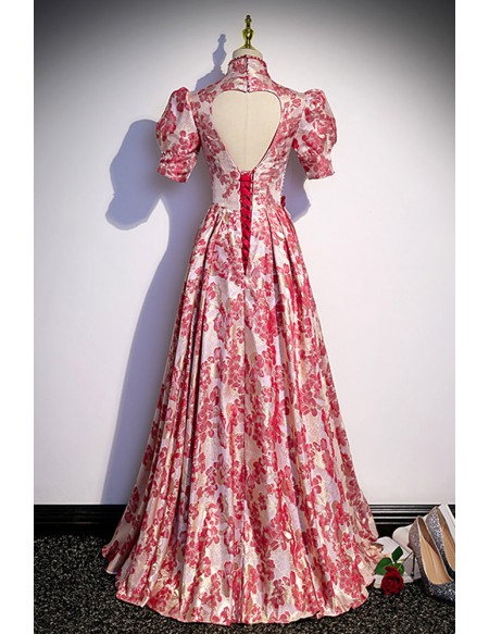 Unique Floral Pattern Chipao Style Long Formal Dress with High Neck