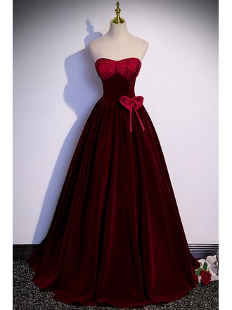 Simple Burgundy Long Velvet Prom Dress Strapless
