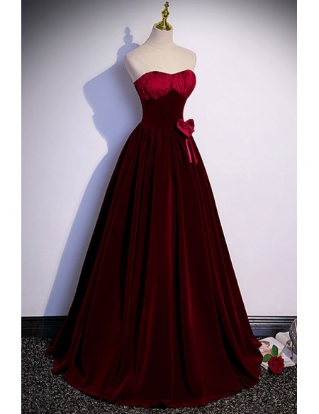 Simple Burgundy Long Velvet Prom Dress Strapless