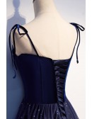 Navy Blue Aline Bling Tulle Prom Dress with Spaghetti Straps